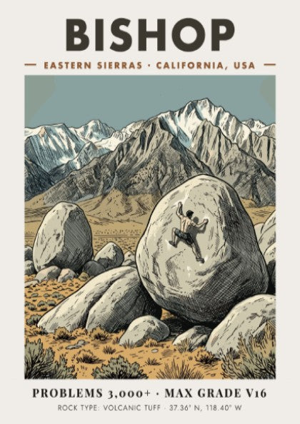 Poster of a climber scaling a large volcanic boulder in the Bishop mountains.