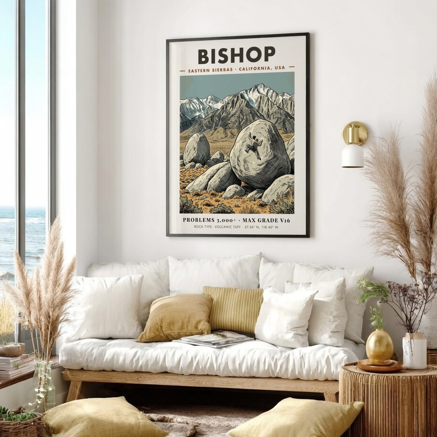 Poster of a climber scaling a large volcanic boulder in the Bishop mountains.