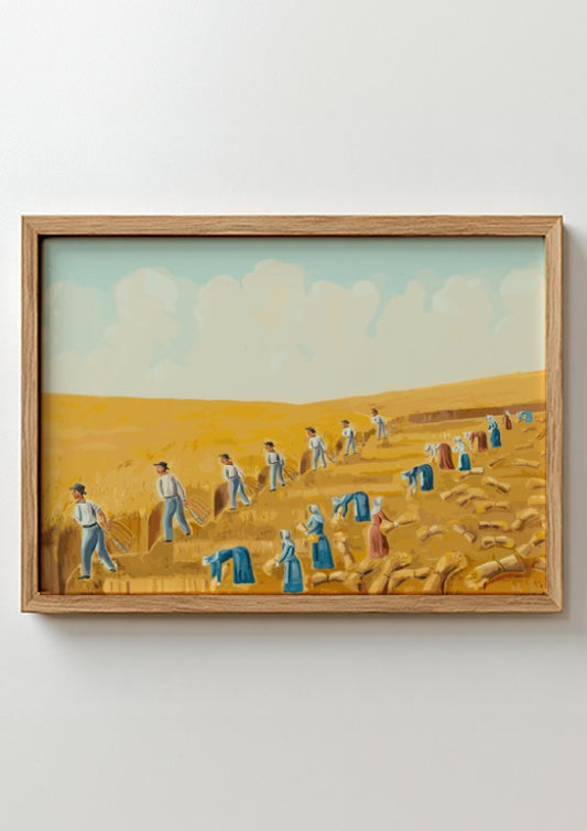 Folk art painting of Bishop Hill Colony 1875 by Olof Krans, featuring harvest scene in yellow and blue tones.