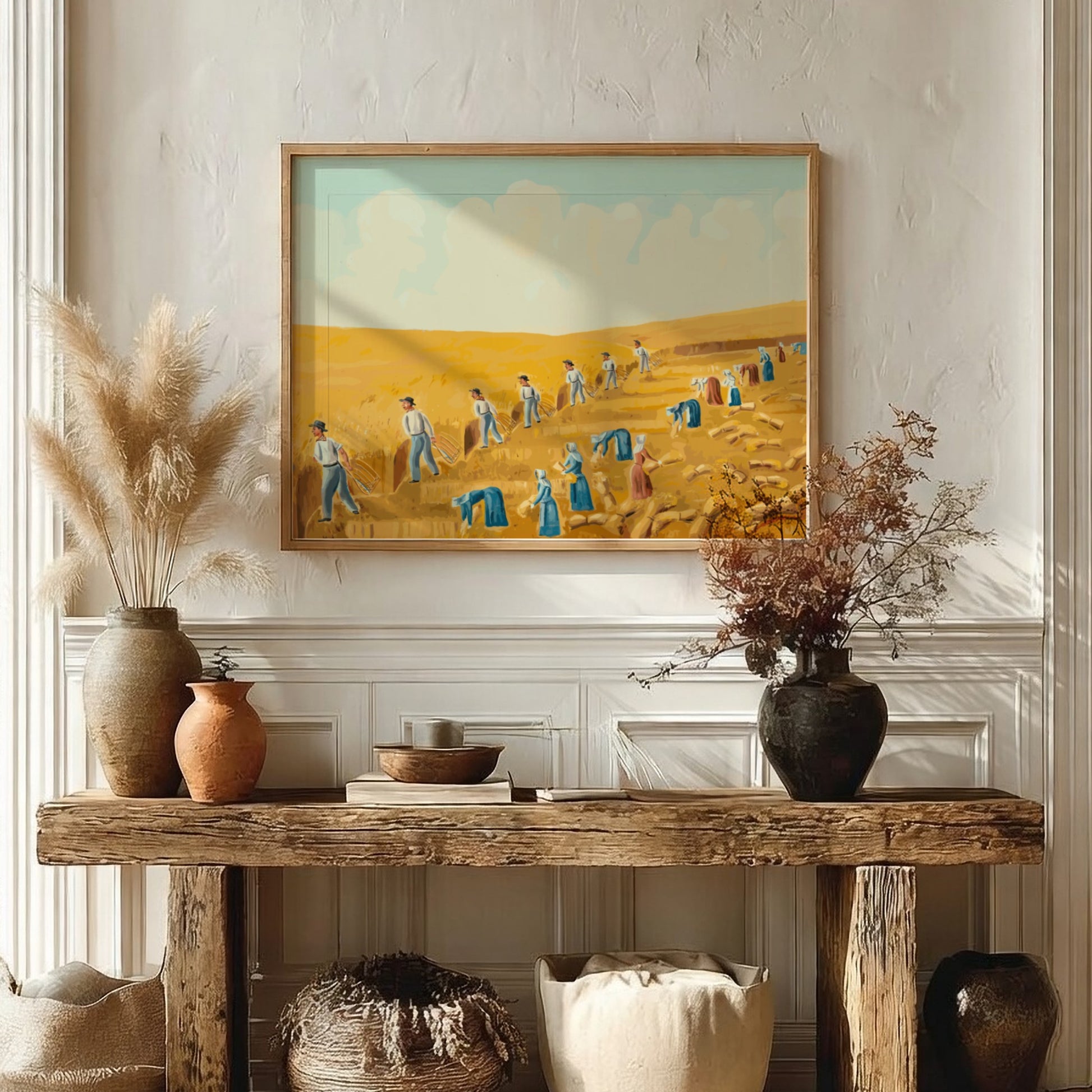 Folk art painting of Bishop Hill Colony 1875 by Olof Krans, featuring harvest scene in yellow and blue tones.
