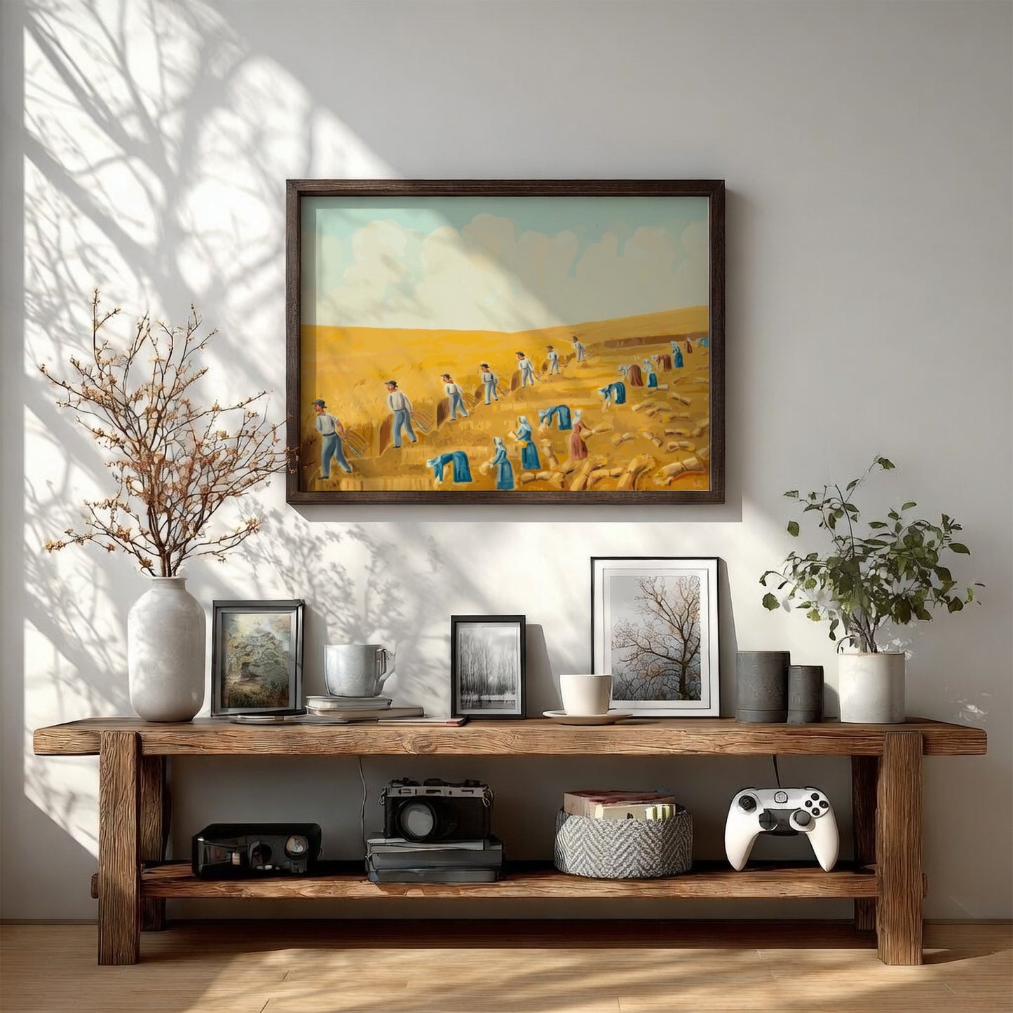 Folk art painting of Bishop Hill Colony 1875 by Olof Krans, featuring harvest scene in yellow and blue tones.