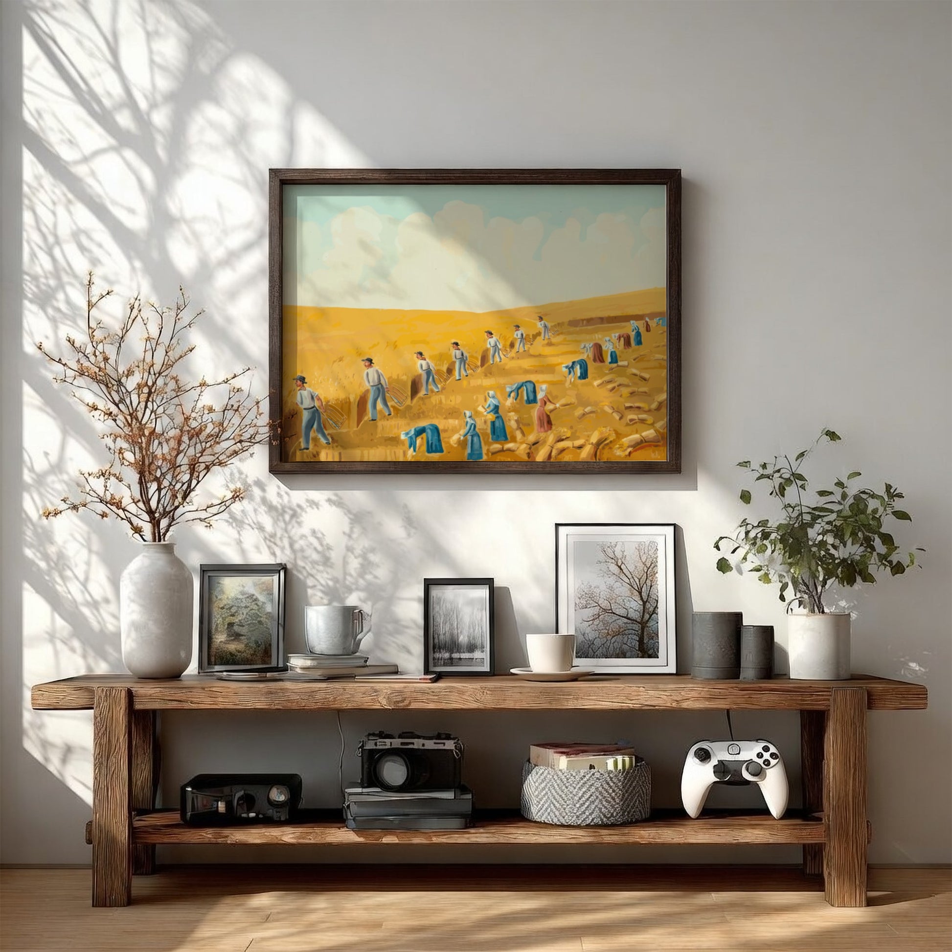 Folk art painting of Bishop Hill Colony 1875 by Olof Krans, featuring harvest scene in yellow and blue tones.