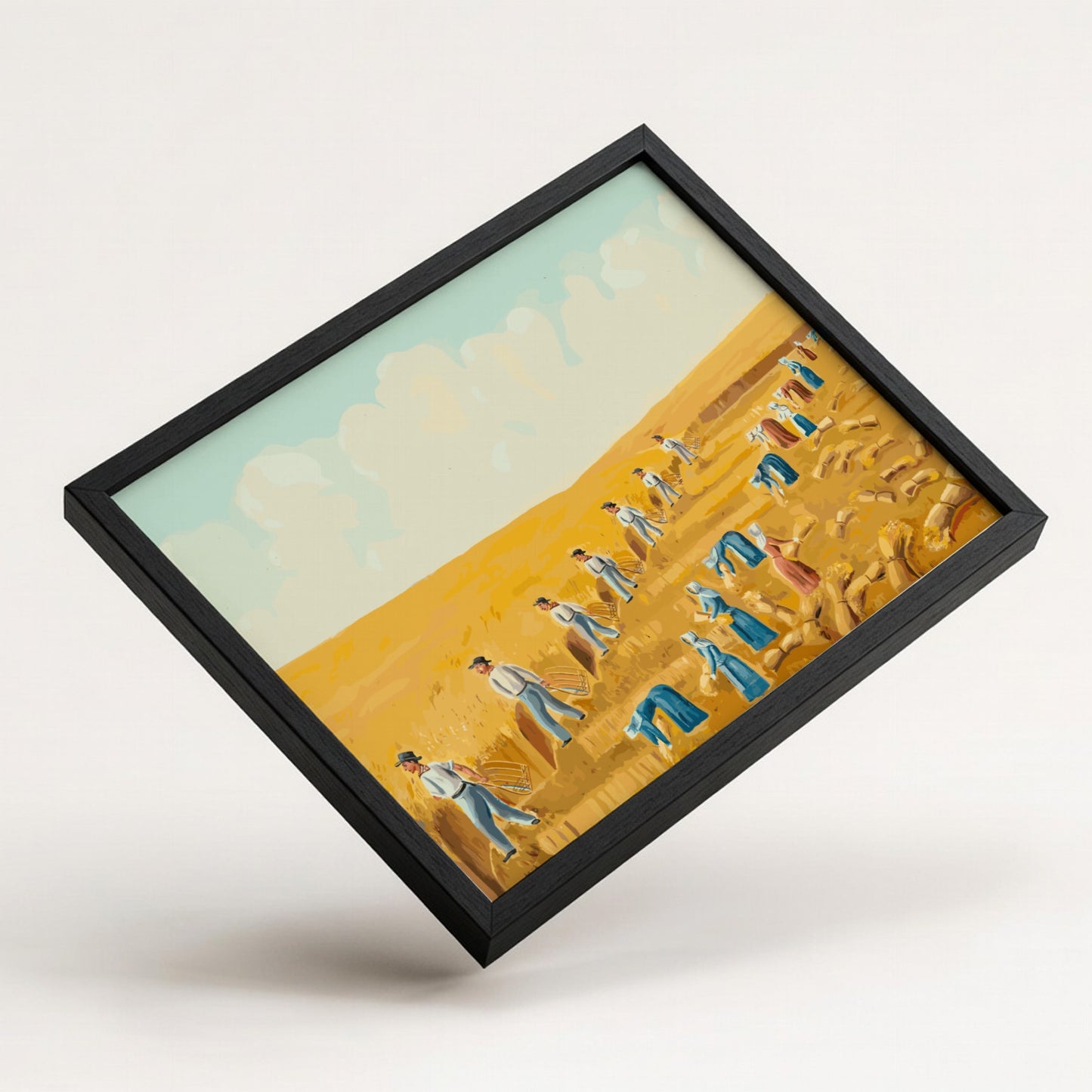 Folk art painting of Bishop Hill Colony 1875 by Olof Krans, featuring harvest scene in yellow and blue tones.