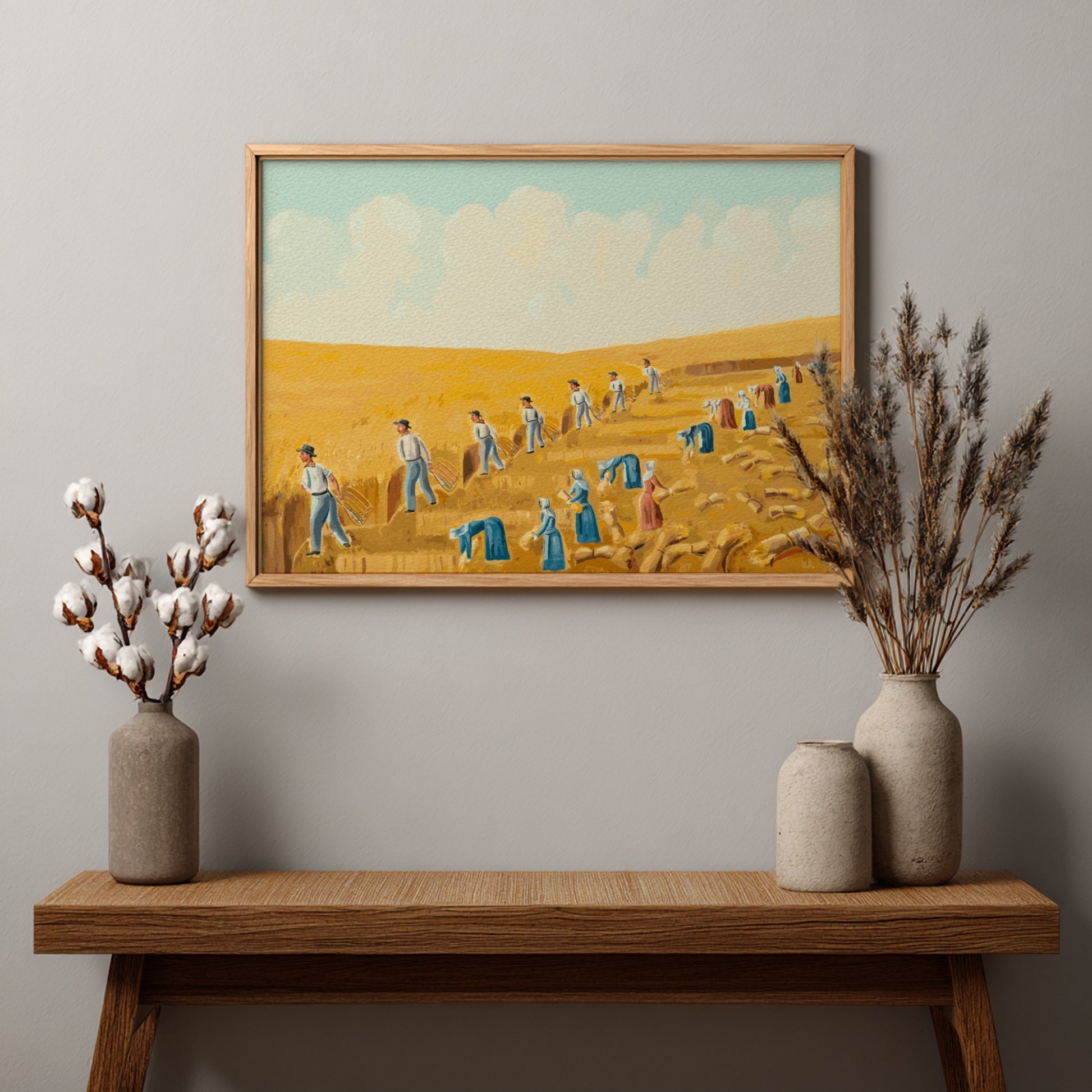 Folk art painting of Bishop Hill Colony 1875 by Olof Krans, featuring harvest scene in yellow and blue tones.
