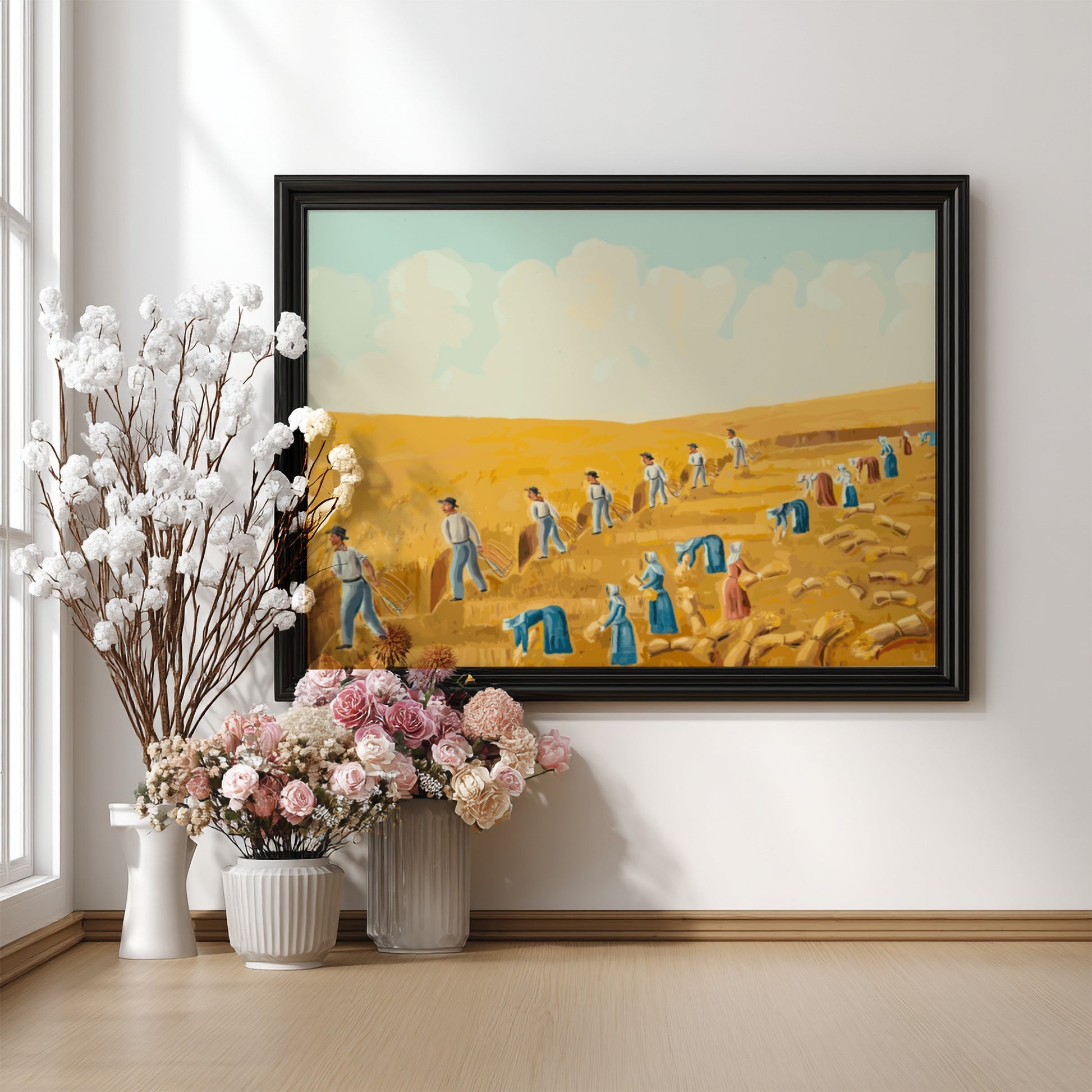 Folk art painting of Bishop Hill Colony 1875 by Olof Krans, featuring harvest scene in yellow and blue tones.