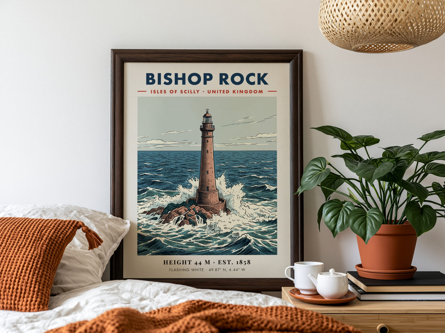 Poster of the Bishop Rock lighthouse surrounded by crashing waves in the ocean.