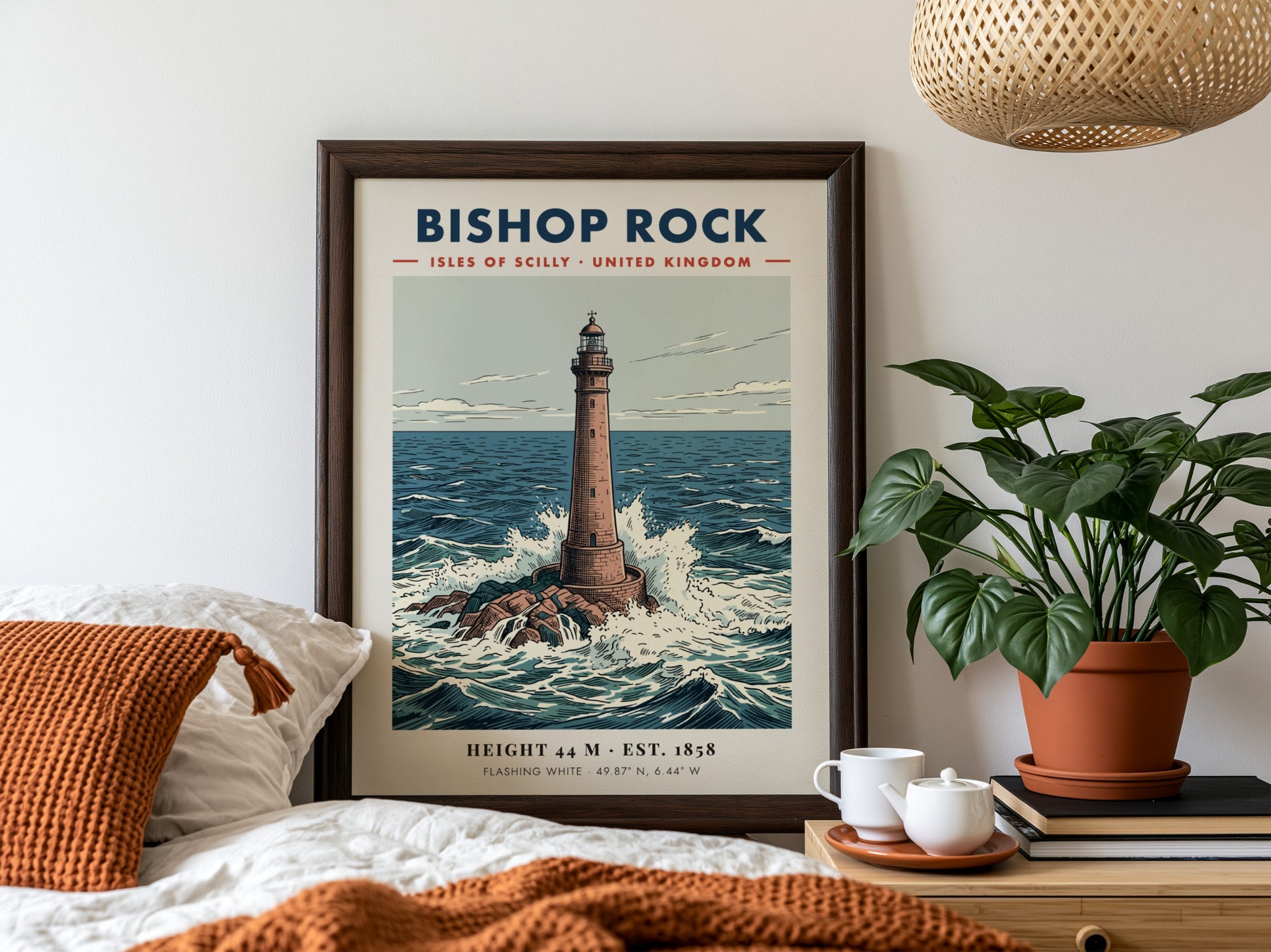 Poster of the Bishop Rock lighthouse surrounded by crashing waves in the ocean.