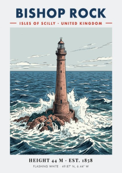 Poster of the Bishop Rock lighthouse surrounded by crashing waves in the ocean.