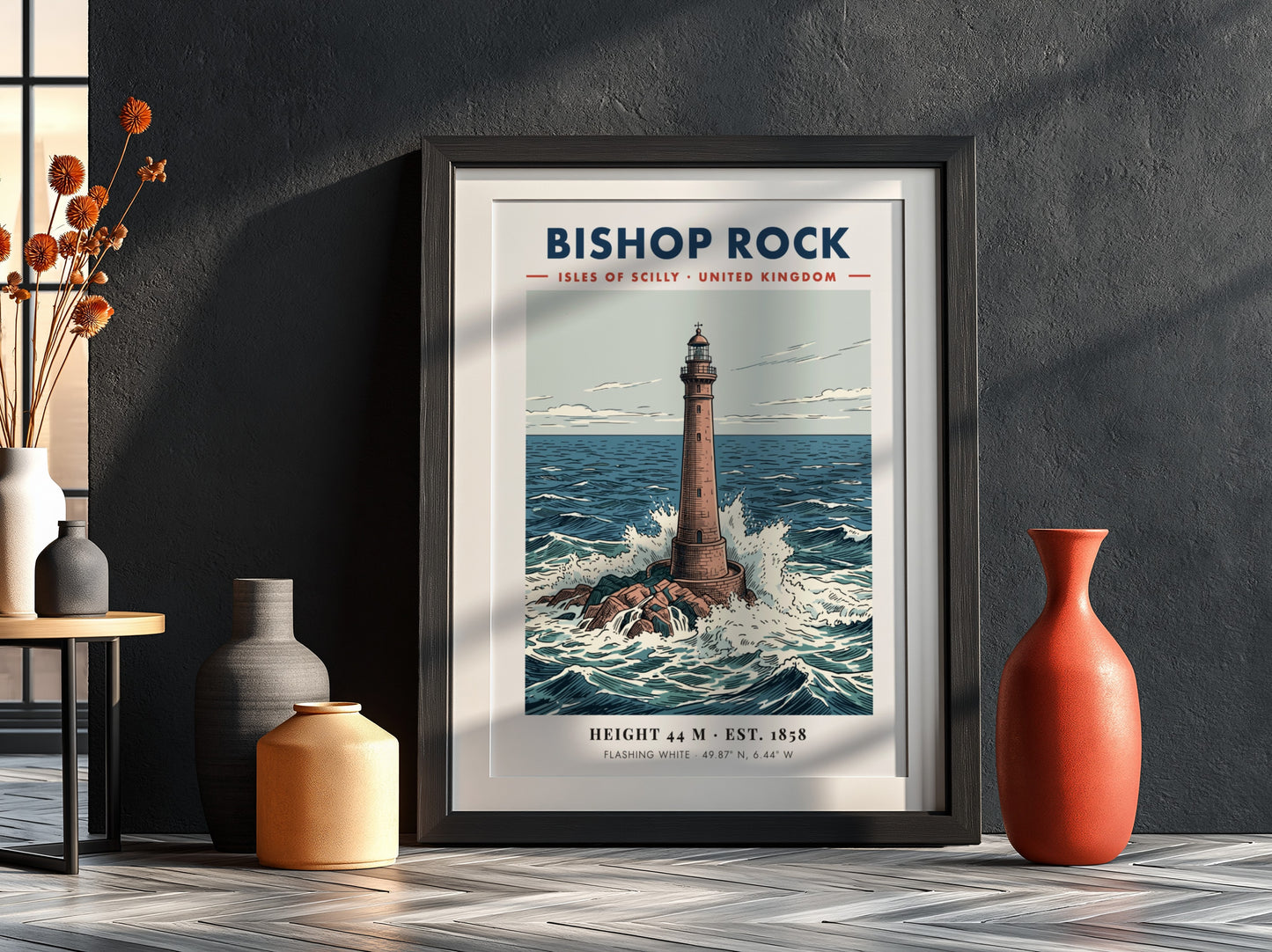 Poster of the Bishop Rock lighthouse surrounded by crashing waves in the ocean.