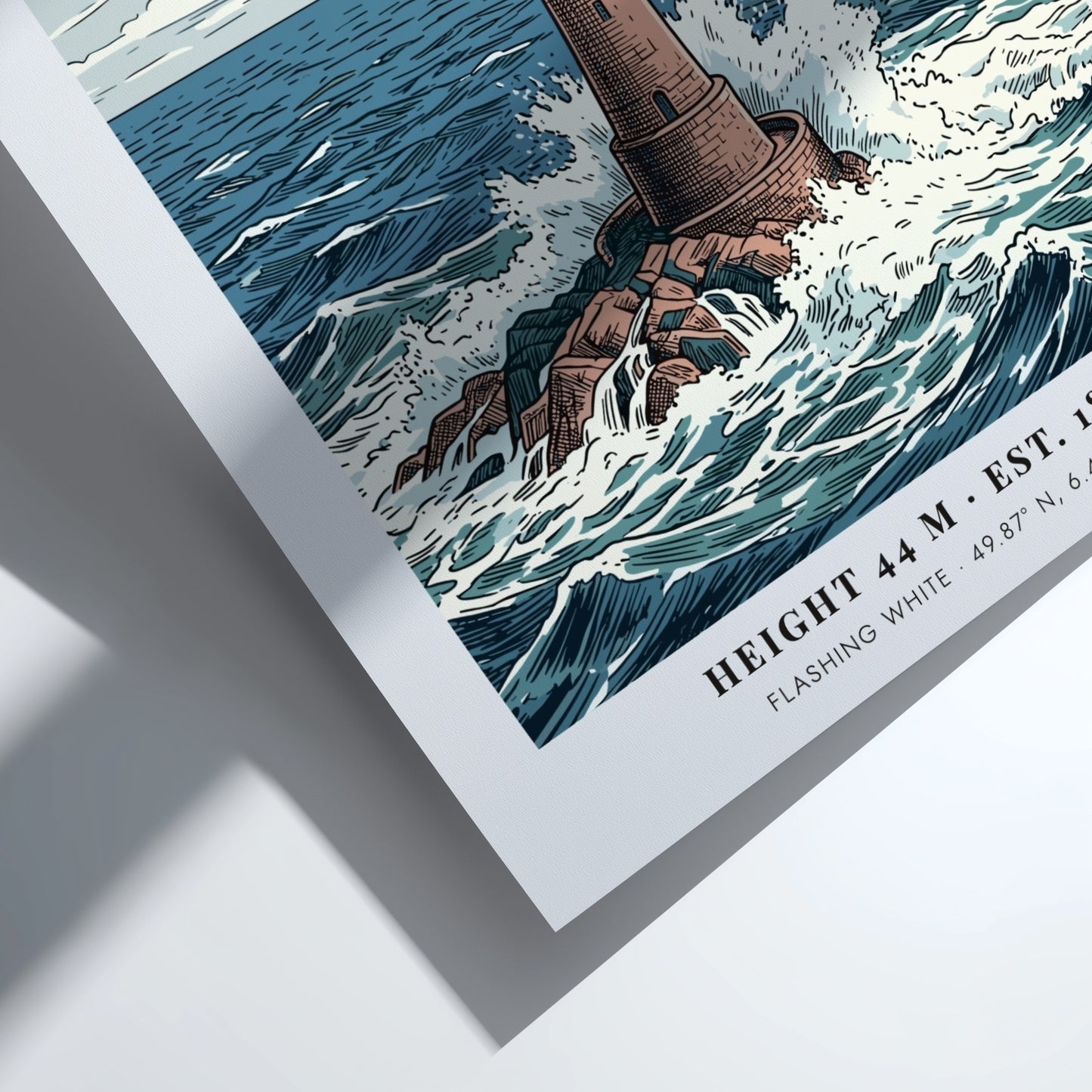 Poster of the Bishop Rock lighthouse surrounded by crashing waves in the ocean.