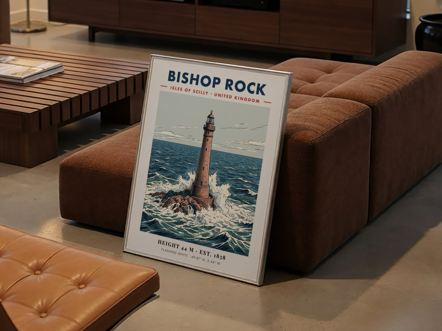 Poster of the Bishop Rock lighthouse surrounded by crashing waves in the ocean.