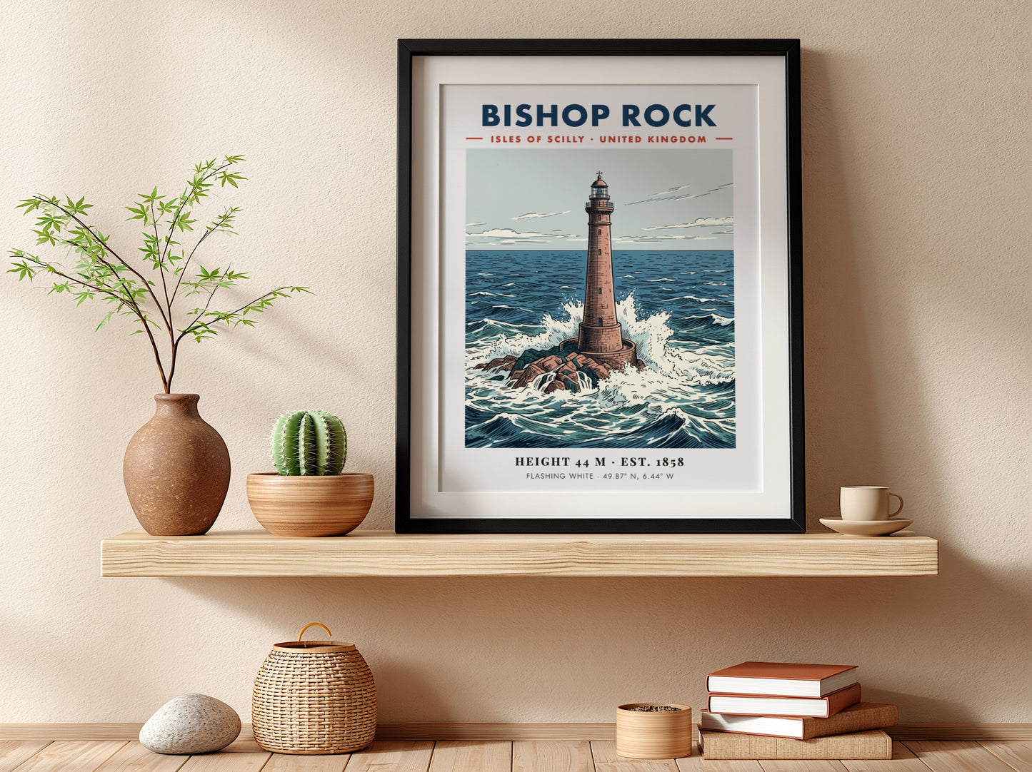Poster of the Bishop Rock lighthouse surrounded by crashing waves in the ocean.