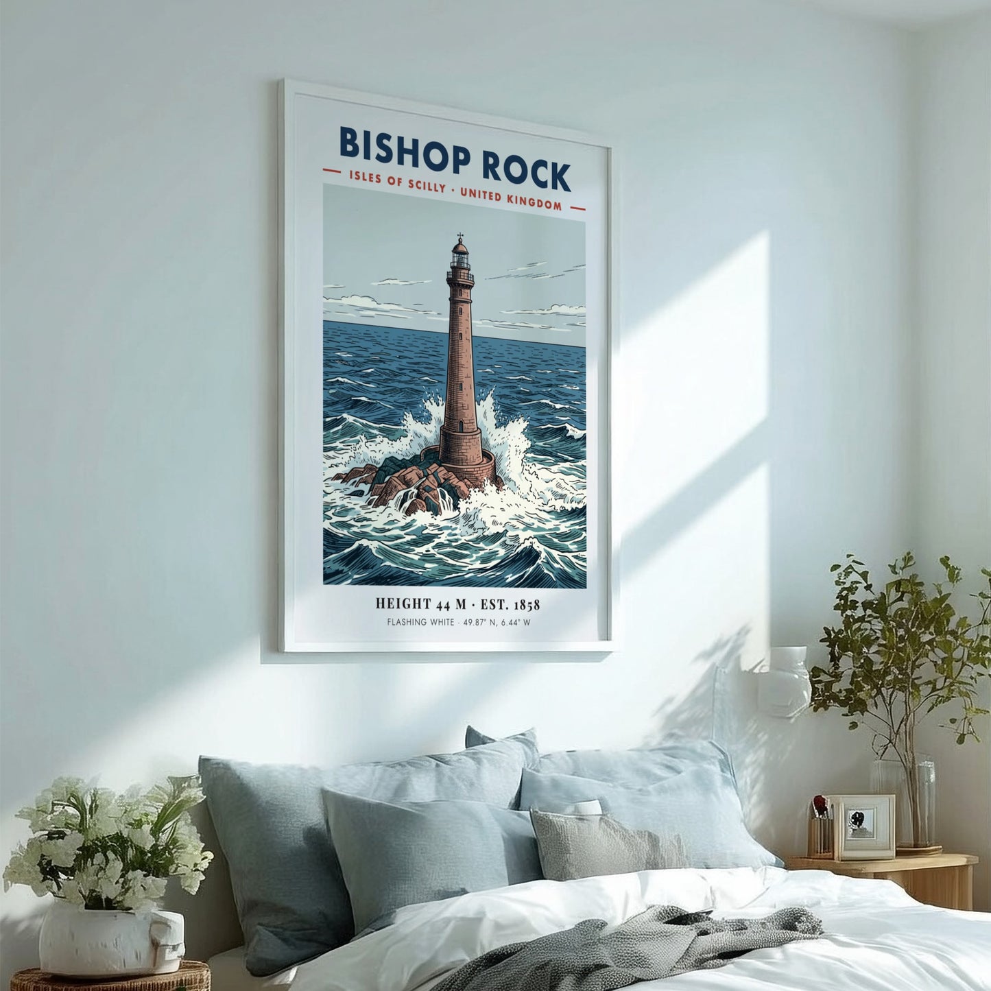 Poster of the Bishop Rock lighthouse surrounded by crashing waves in the ocean.