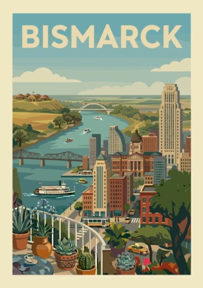 Retro-style Bismarck cityscape print with river, bridges, and buildings in a warm color palette.