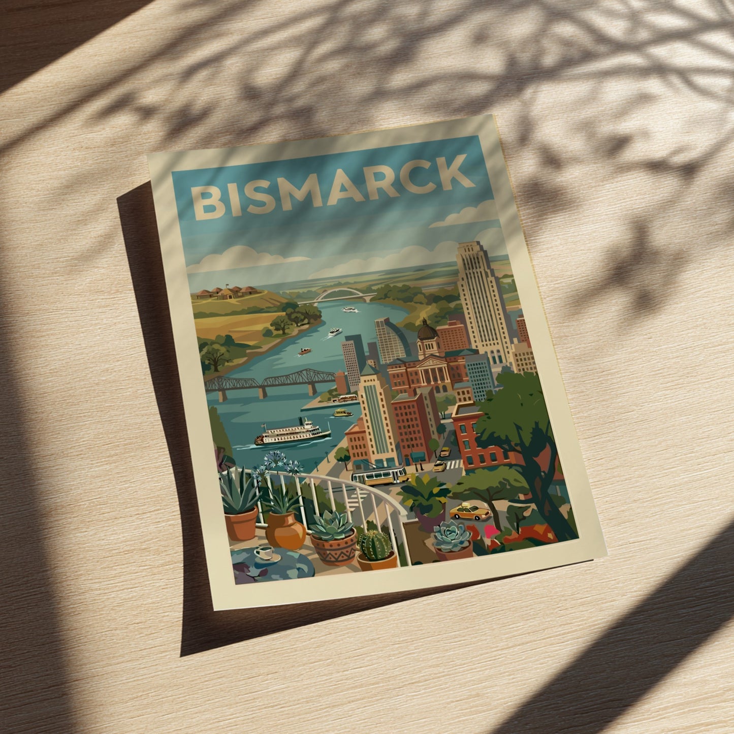Retro-style Bismarck cityscape print with river, bridges, and buildings in a warm color palette.