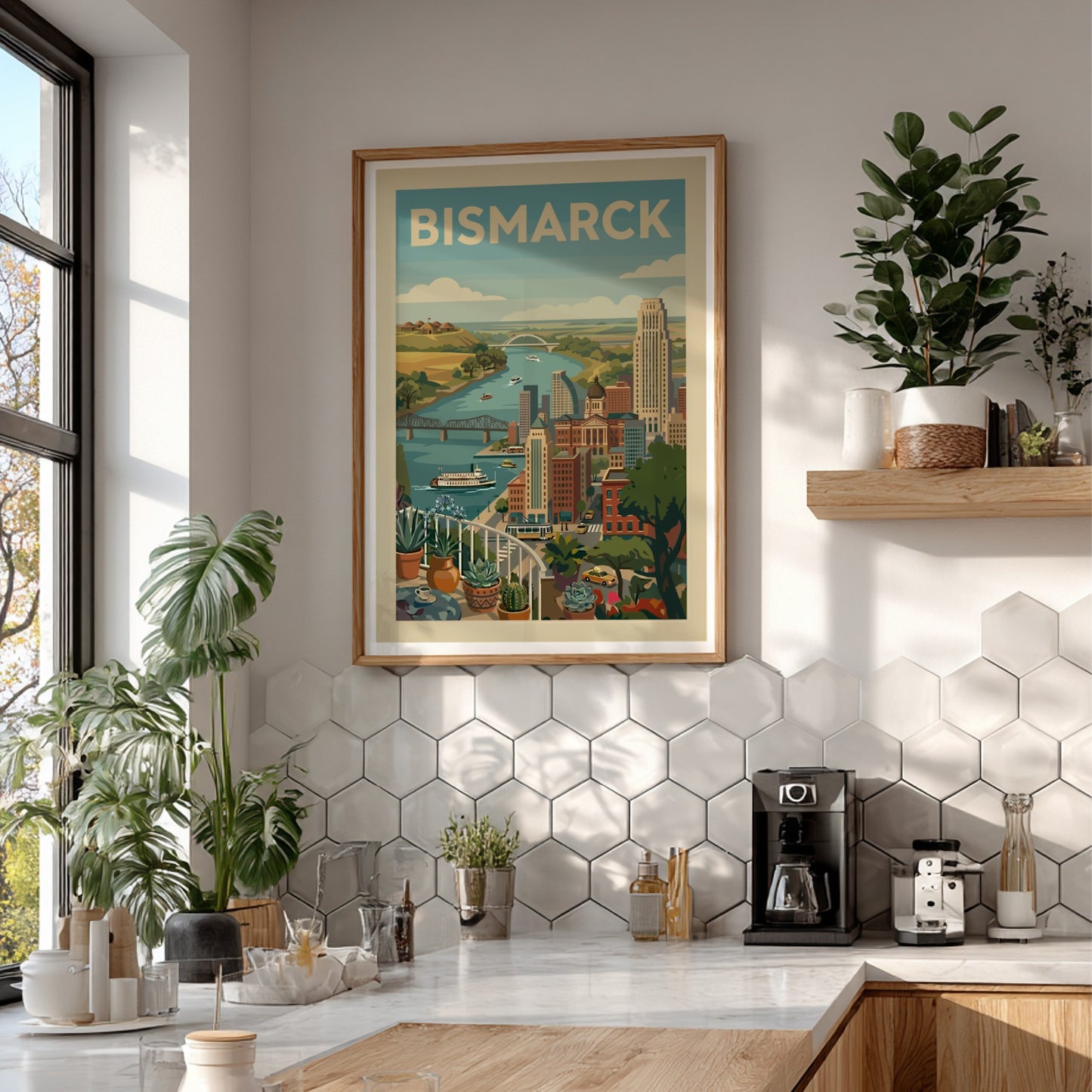 Retro-style Bismarck cityscape print with river, bridges, and buildings in a warm color palette.
