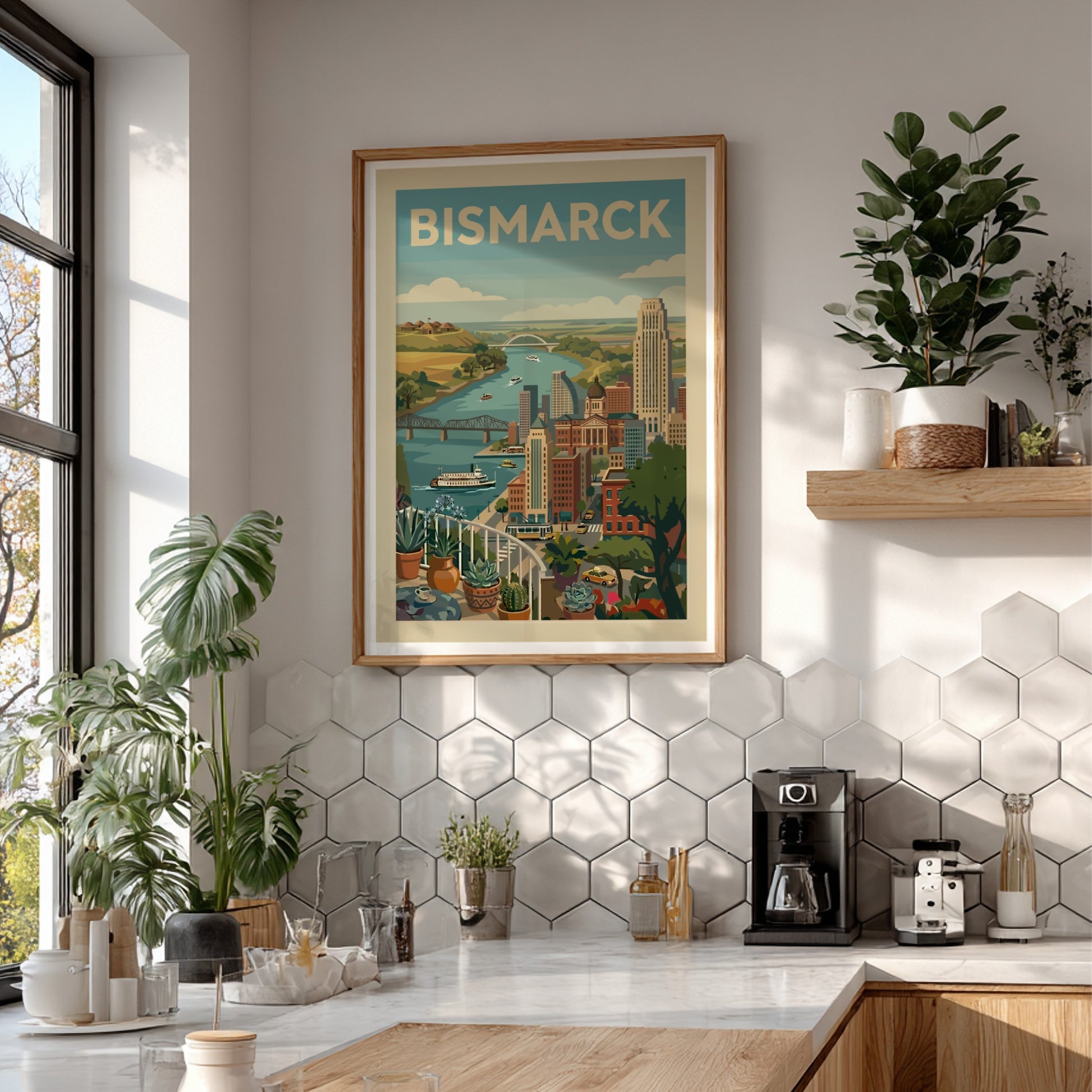 Retro-style Bismarck cityscape print with river, bridges, and buildings in a warm color palette.