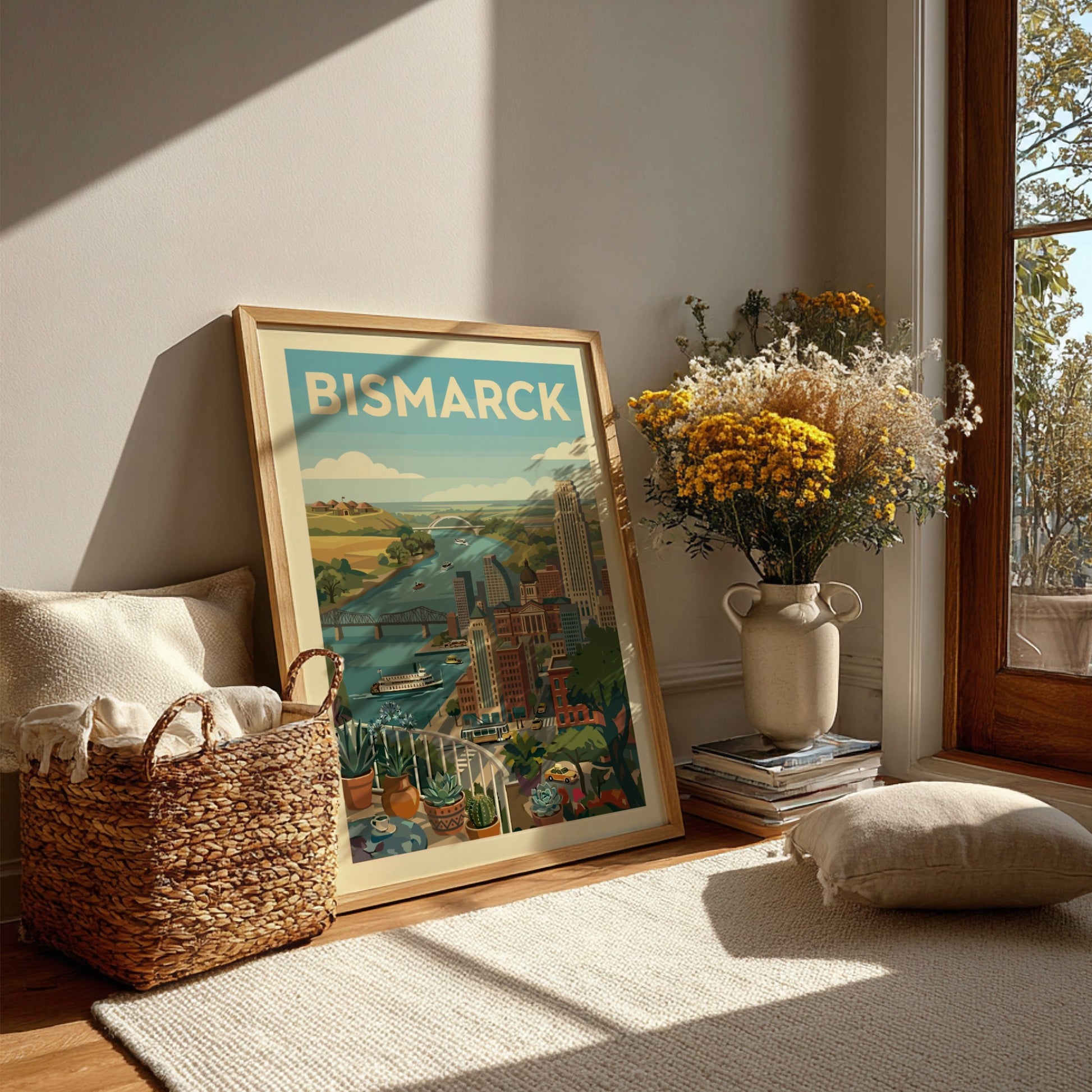 Retro-style Bismarck cityscape print with river, bridges, and buildings in a warm color palette.
