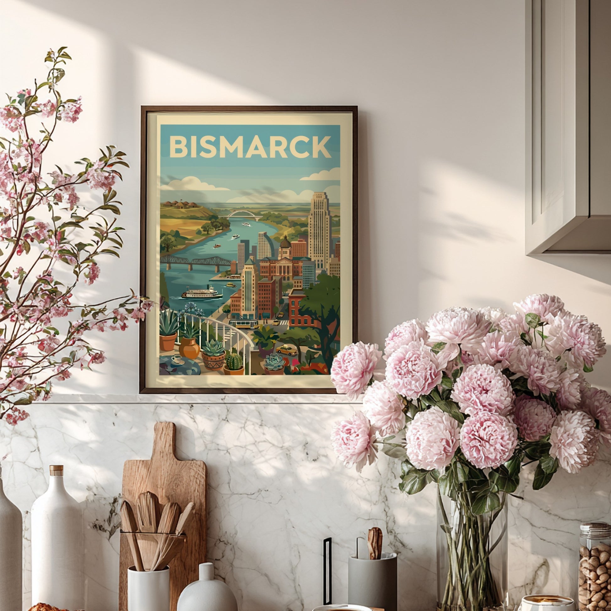 Retro-style Bismarck cityscape print with river, bridges, and buildings in a warm color palette.