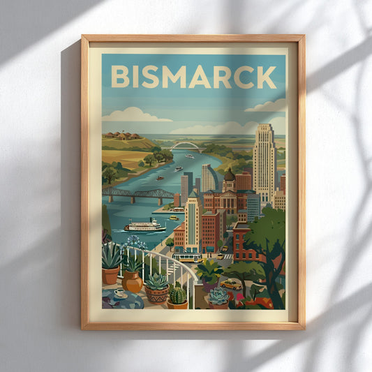 Retro-style Bismarck cityscape print with river, bridges, and buildings in a warm color palette.