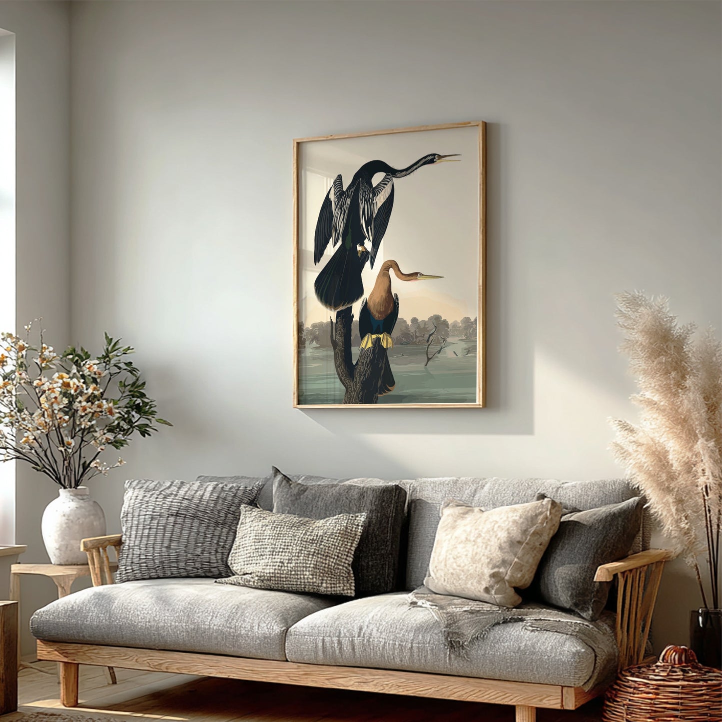 Black-bellied Darter poster featuring detailed bird illustration, soft colors, and nature theme for home decor