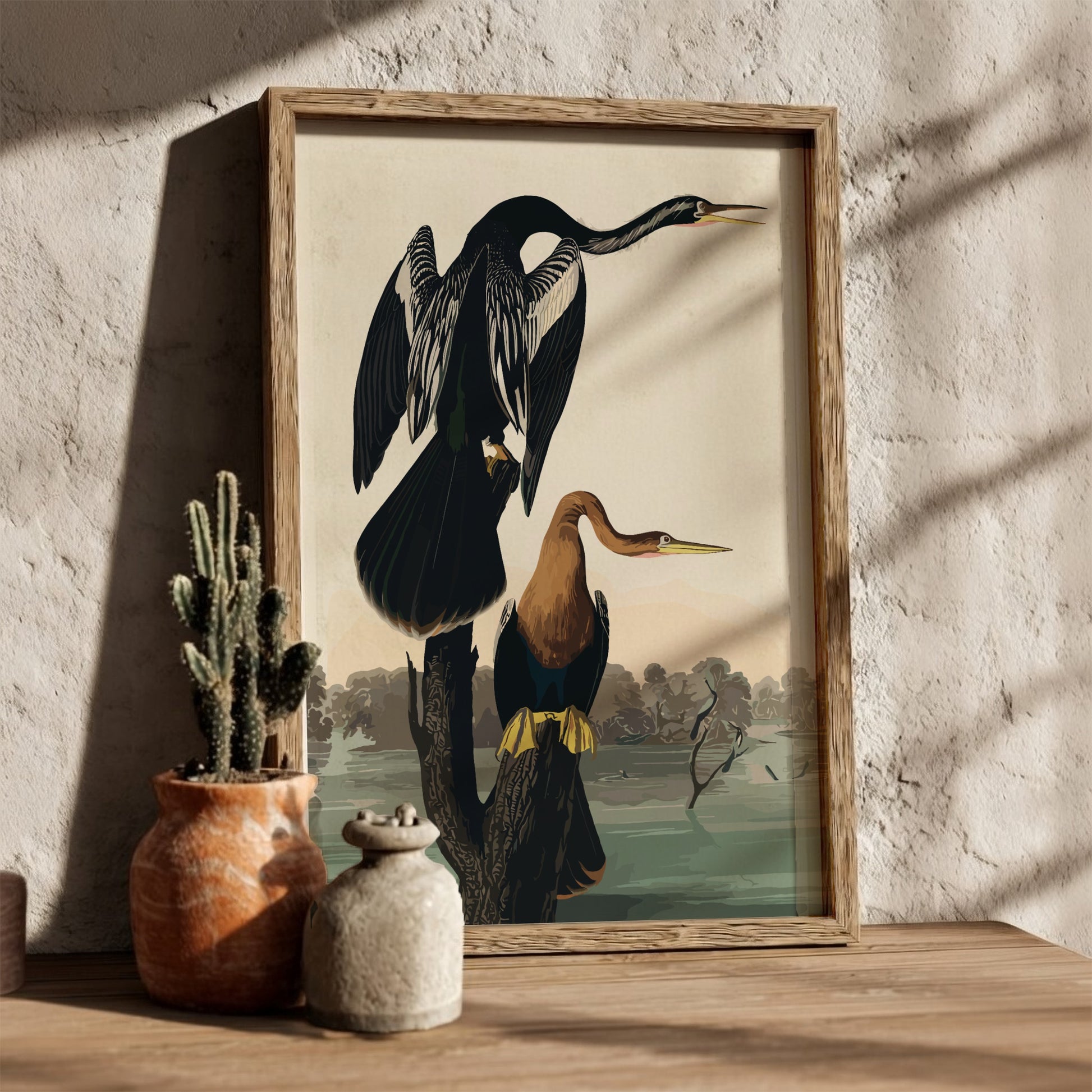 Black-bellied Darter poster featuring detailed bird illustration, soft colors, and nature theme for home decor