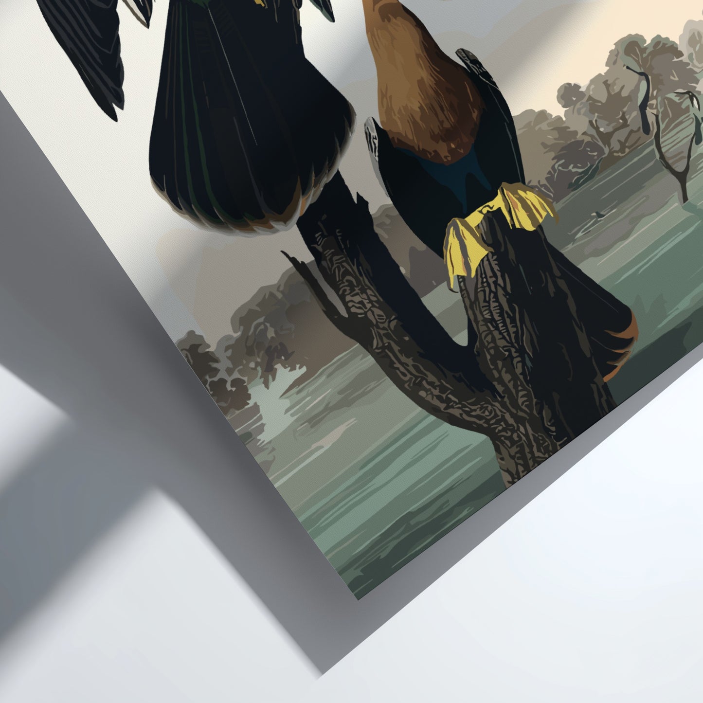 Black-bellied Darter poster featuring detailed bird illustration, soft colors, and nature theme for home decor