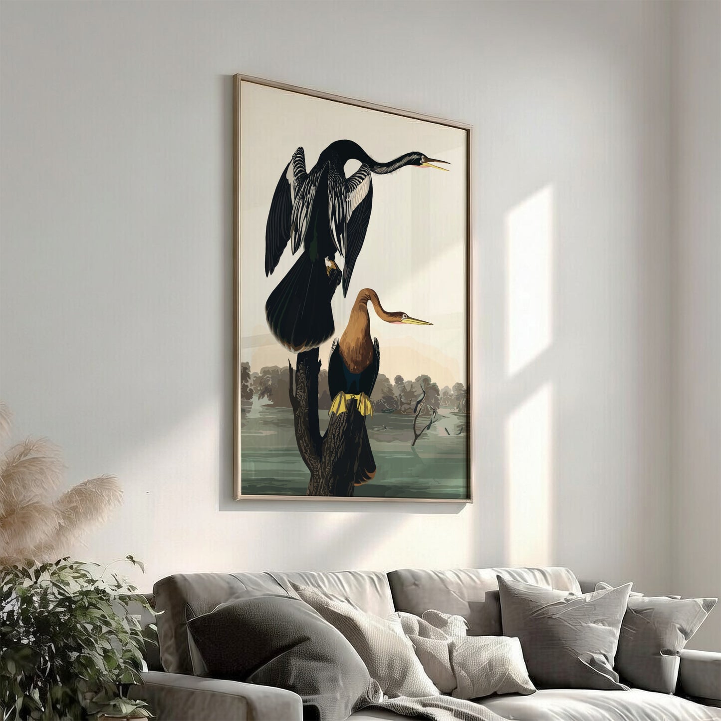 Black-bellied Darter poster featuring detailed bird illustration, soft colors, and nature theme for home decor
