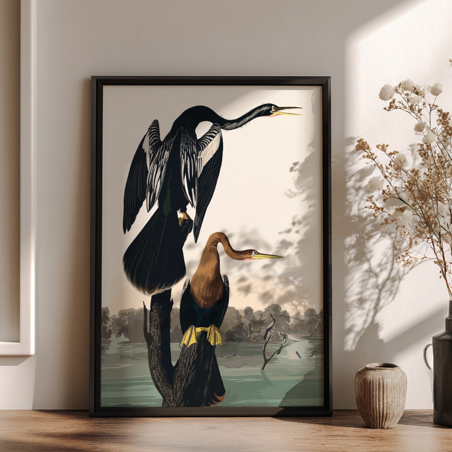 Black-bellied Darter poster featuring detailed bird illustration, soft colors, and nature theme for home decor