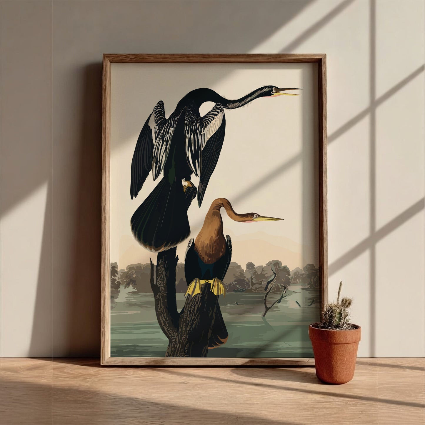 Black-bellied Darter poster featuring detailed bird illustration, soft colors, and nature theme for home decor