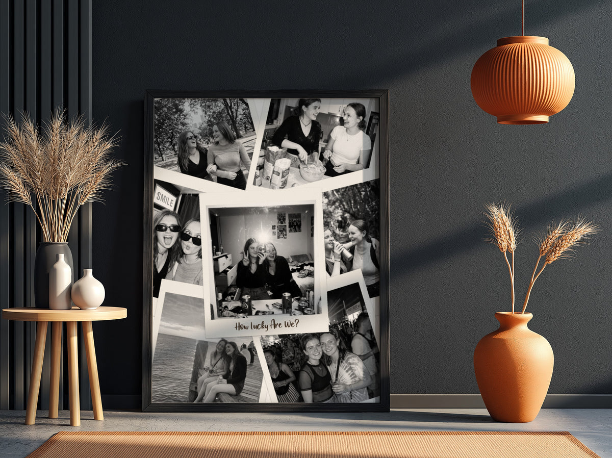 Personalised Scattered Polaroid Photo Collage Print in a black frame on a dark wall