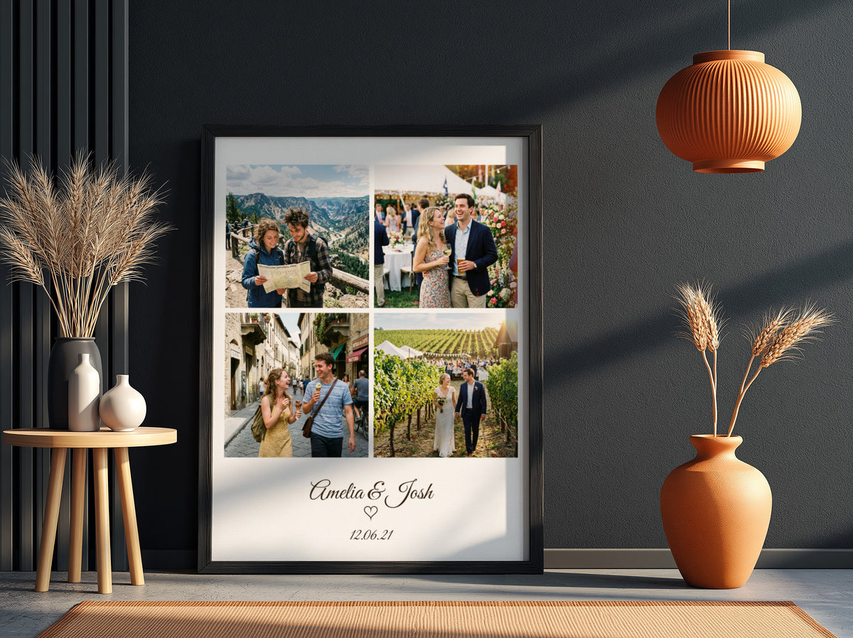 Personalised Photo Grid and Date Poster in a black frame on a dark wall