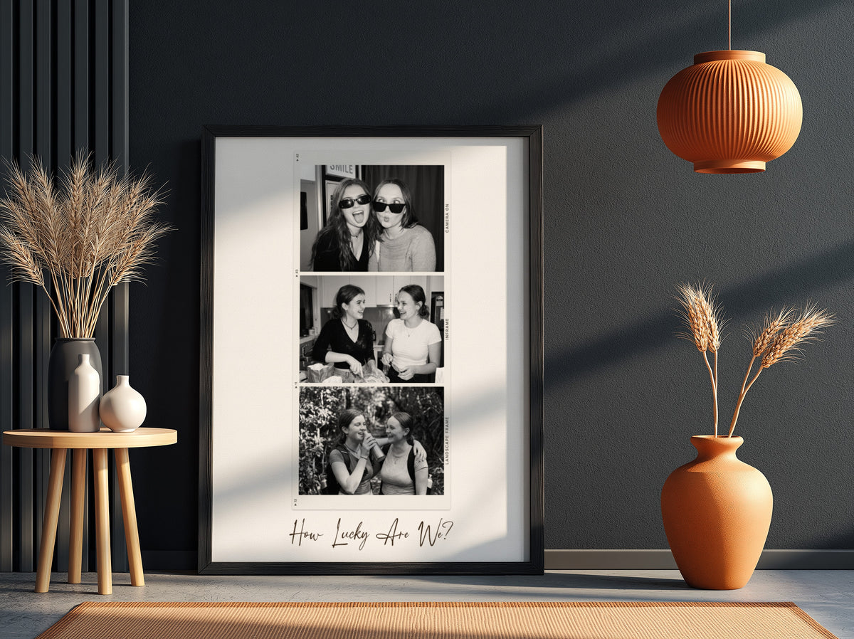 Personalised Retro Film Strip Photo Poster in a black frame on a dark wall
