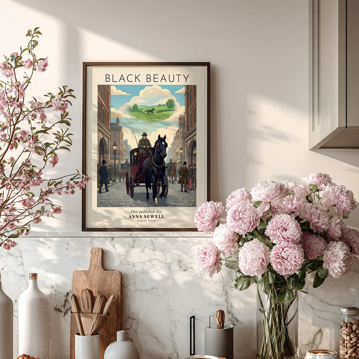 Black Beauty poster featuring a horse-drawn carriage on a city street with pastoral dreams.