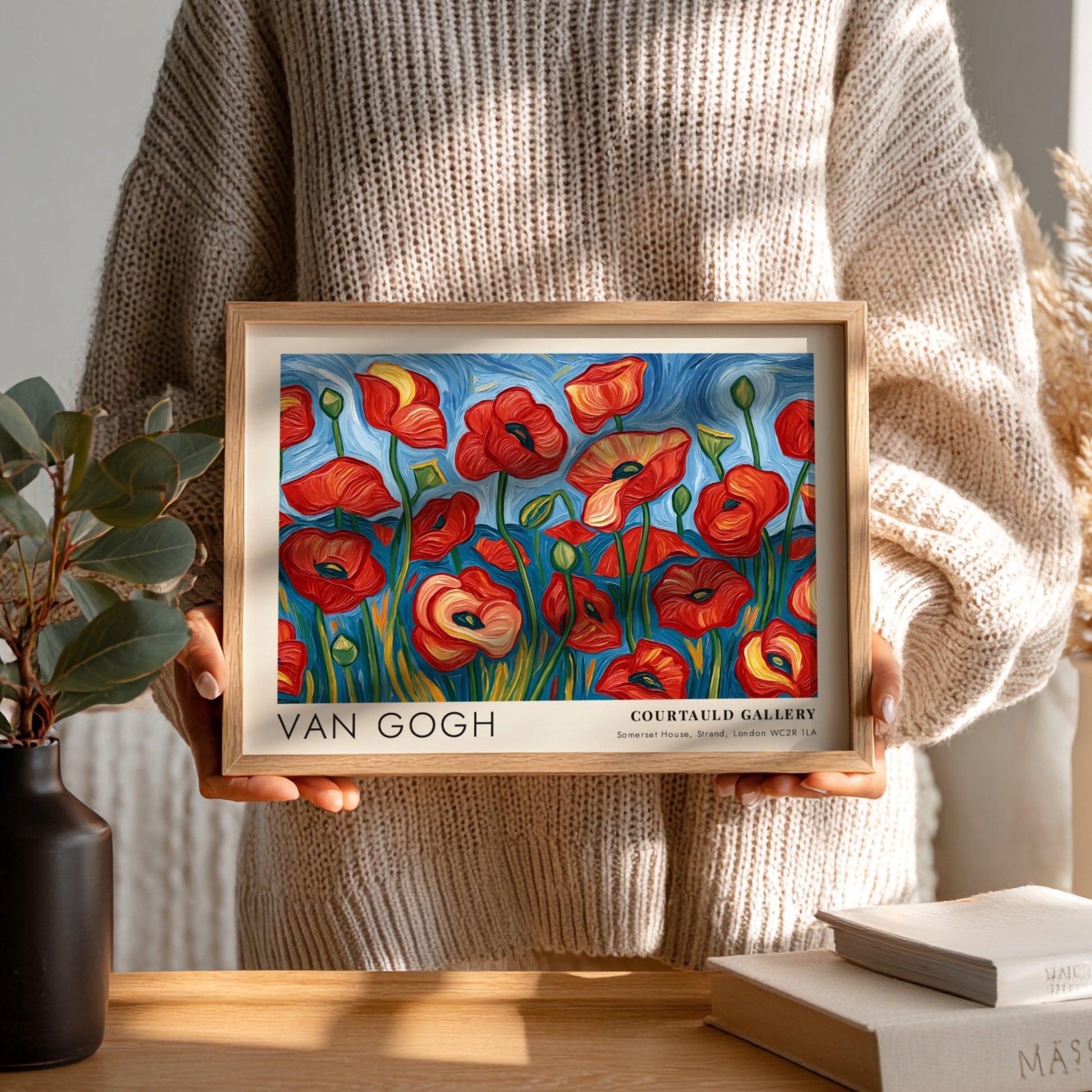 Poppy field poster featuring Van Gogh's vibrant floral artwork in red and green colors