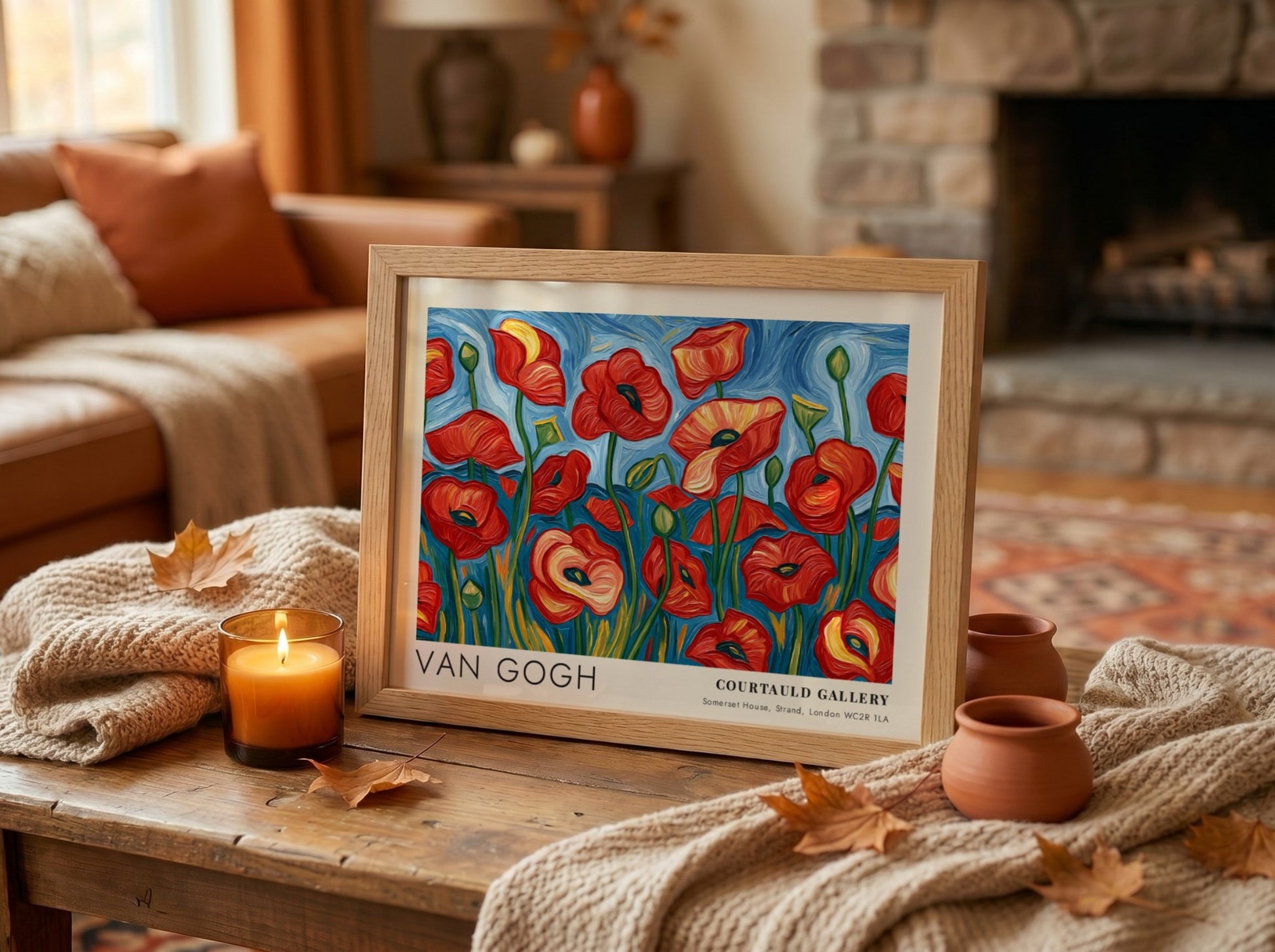 Poppy field poster featuring Van Gogh's vibrant floral artwork in red and green colors