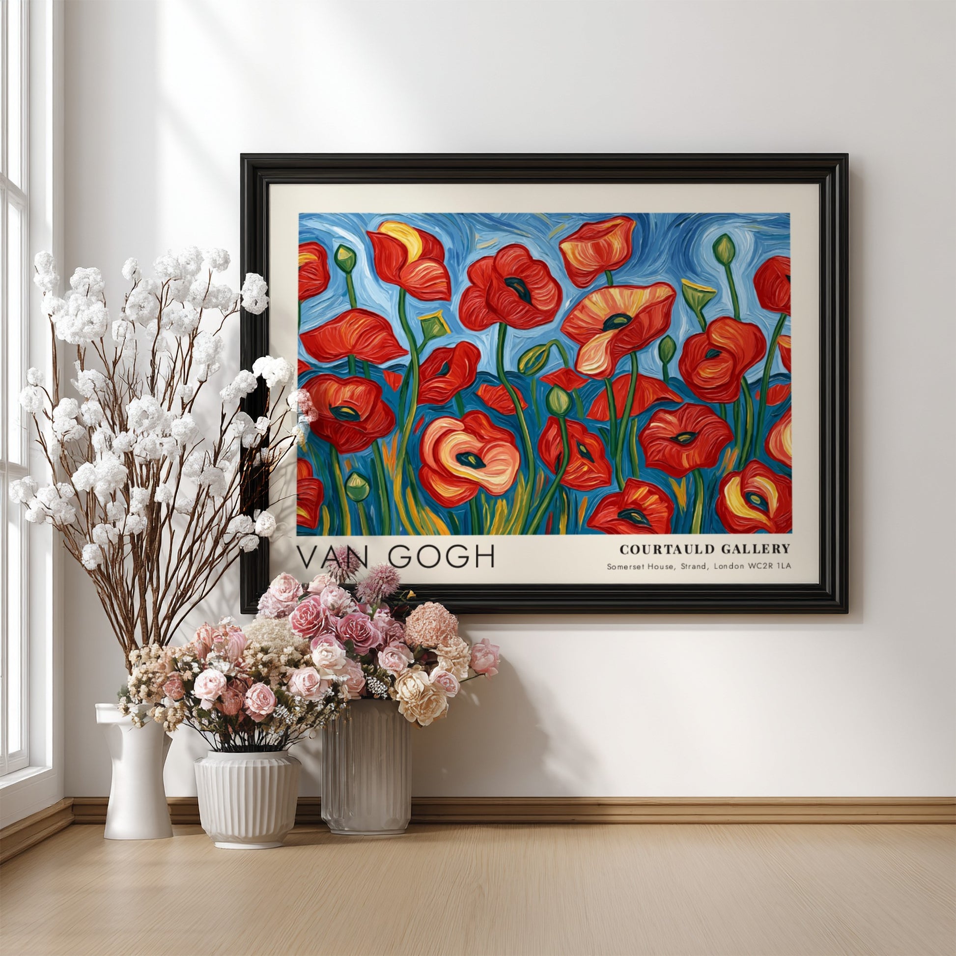 Poppy field poster featuring Van Gogh's vibrant floral artwork in red and green colors