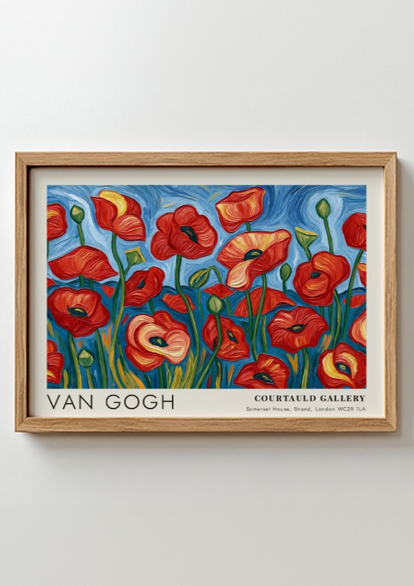 Poppy field poster featuring Van Gogh's vibrant floral artwork in red and green colors