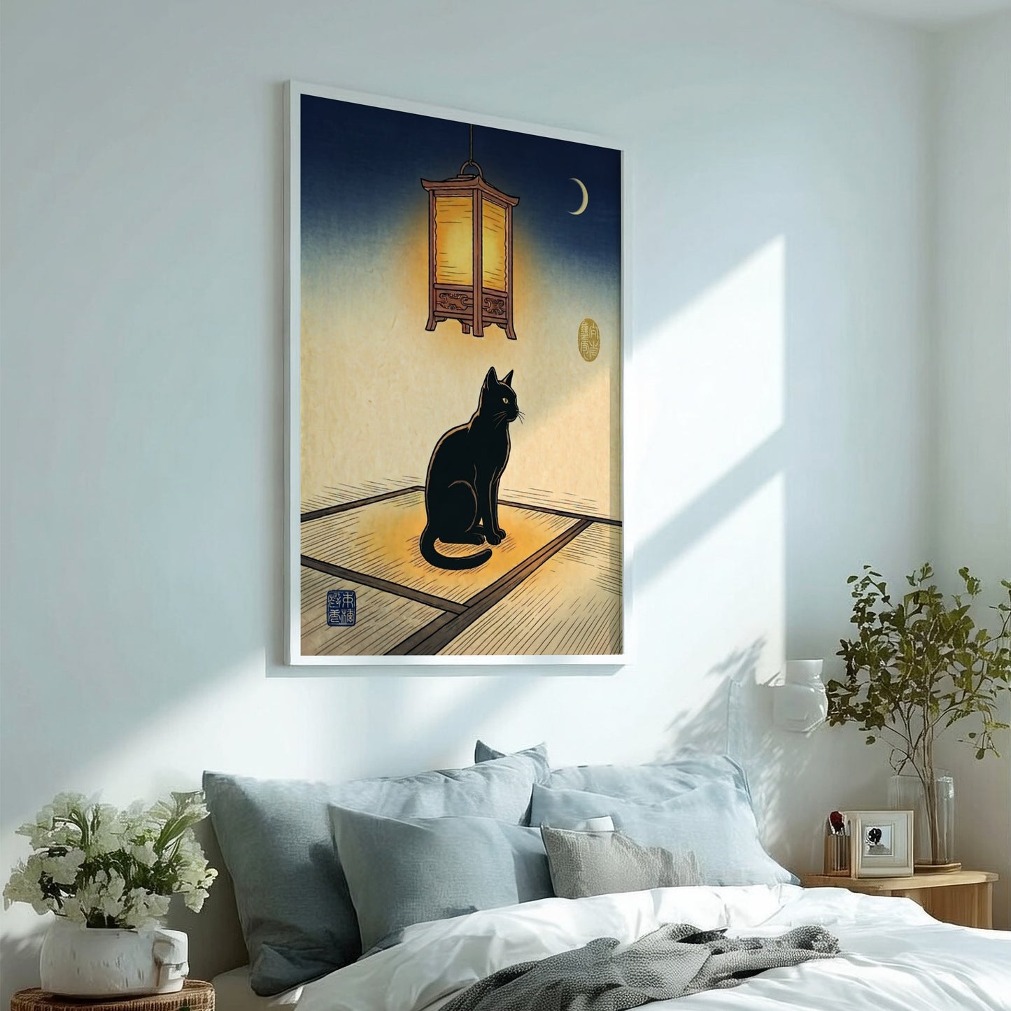 Black cat poster featuring Japanese art style with warm colors and a lantern