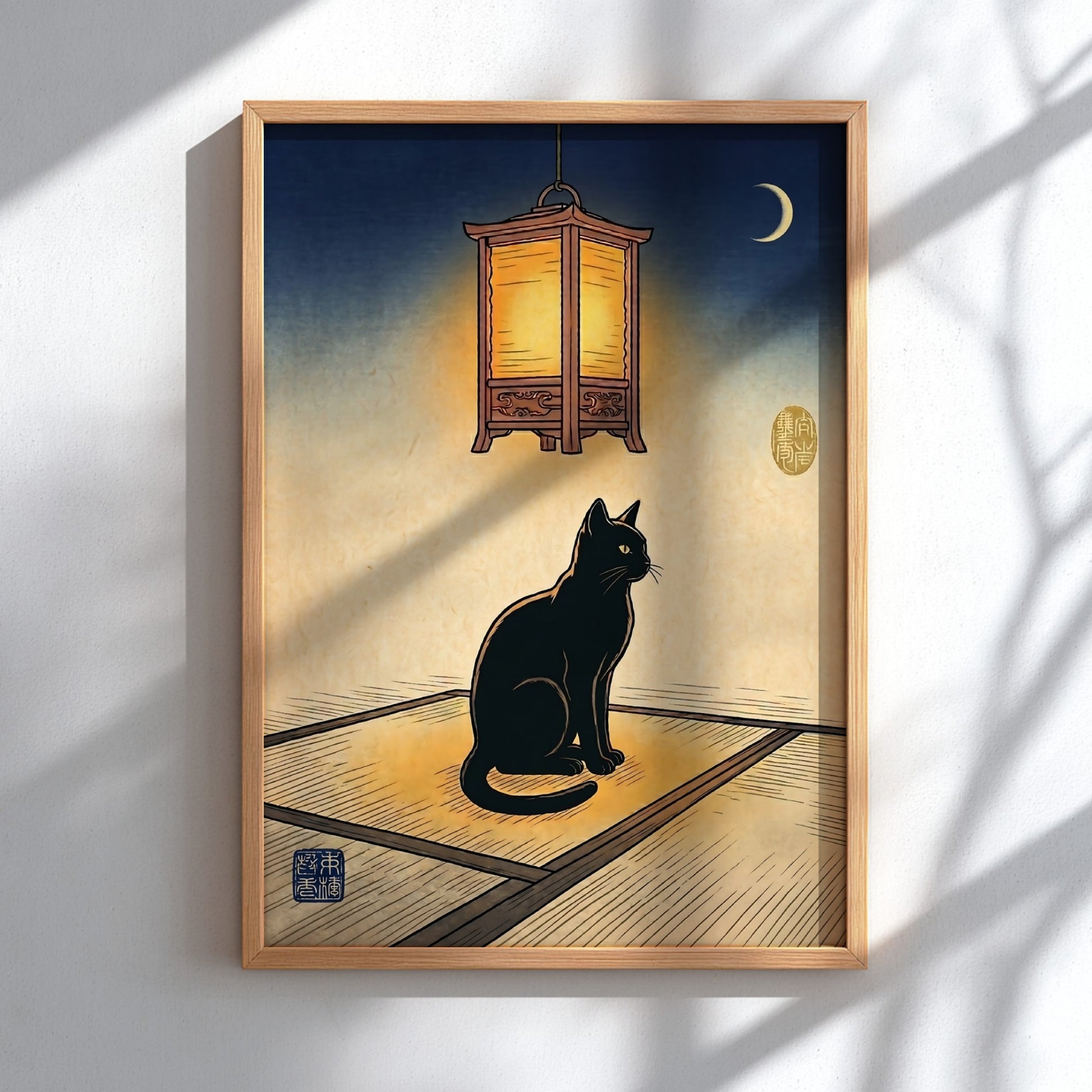 Black cat poster featuring Japanese art style with warm colors and a lantern