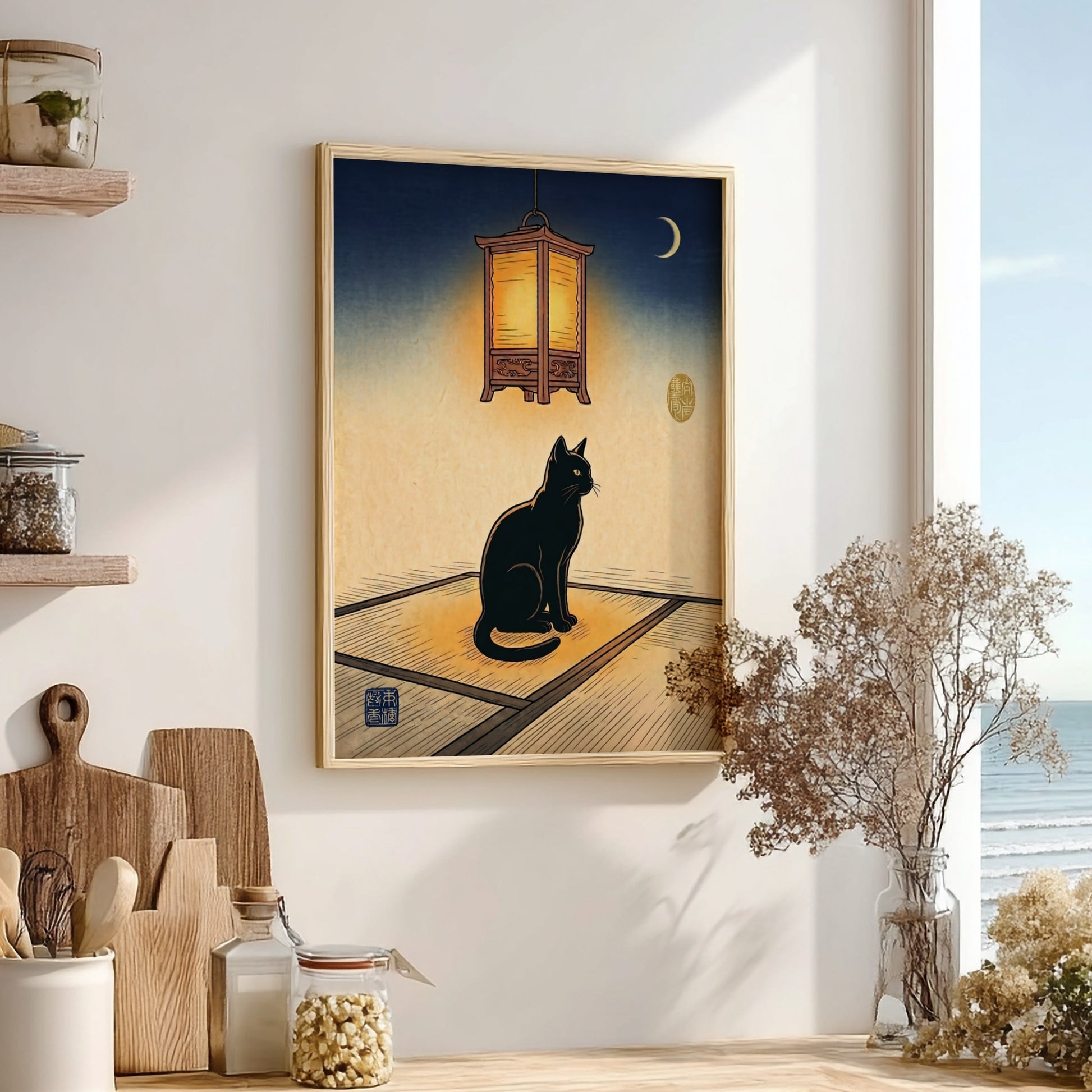 Black cat poster featuring Japanese art style with warm colors and a lantern