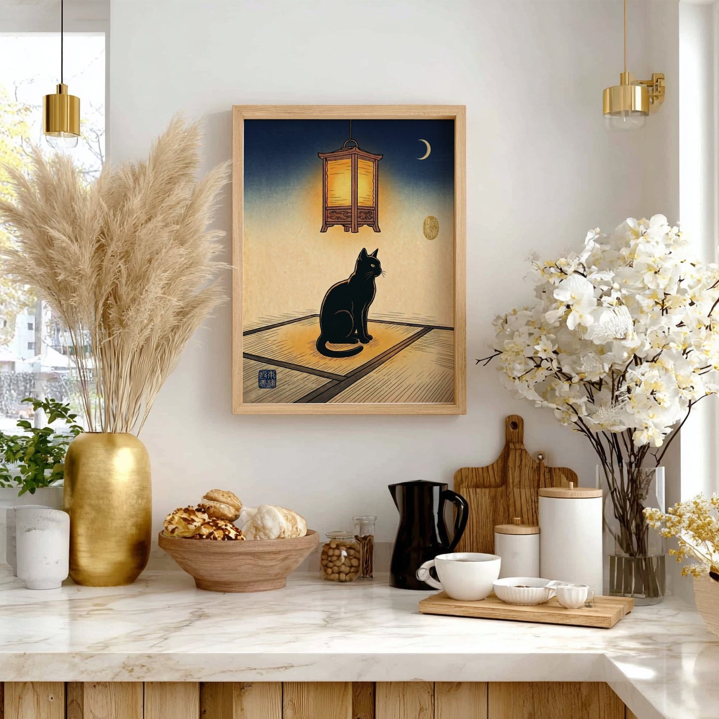 Black cat poster featuring Japanese art style with warm colors and a lantern
