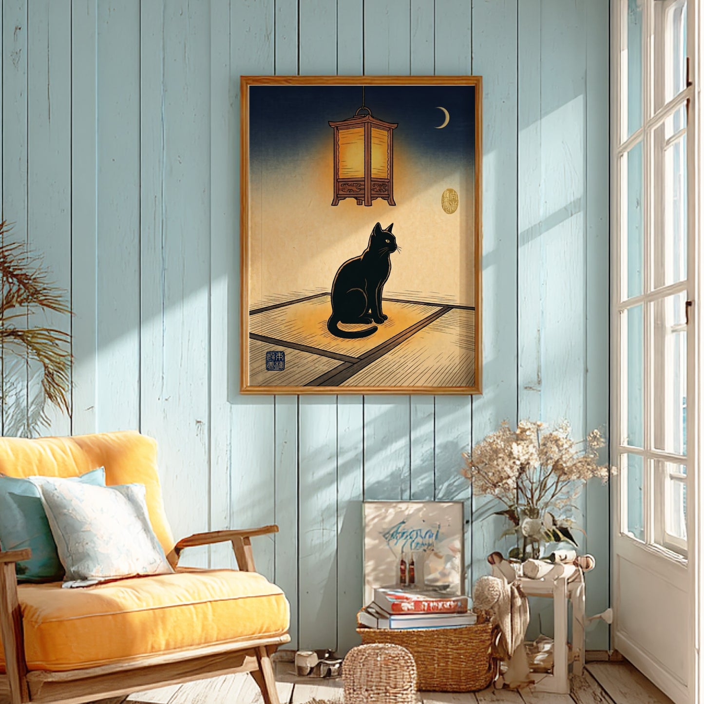 Black cat poster featuring Japanese art style with warm colors and a lantern