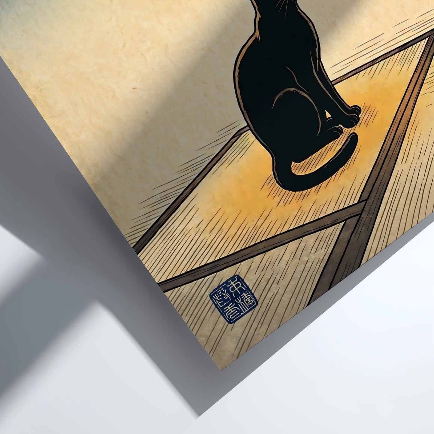 Black cat poster featuring Japanese art style with warm colors and a lantern