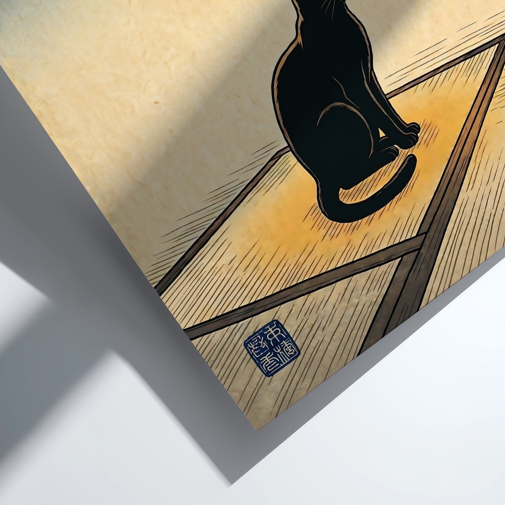 Black cat poster featuring Japanese art style with warm colors and a lantern