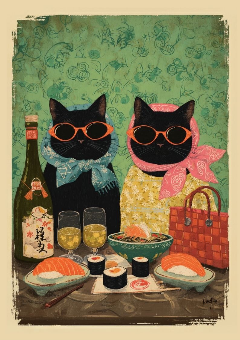 Two cats wearing sunglasses and scarves, sitting at a table with sushi and drinks.