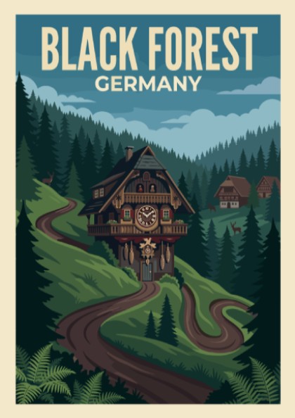 Black Forest Germany travel poster featuring a cuckoo clock house on a winding path.
