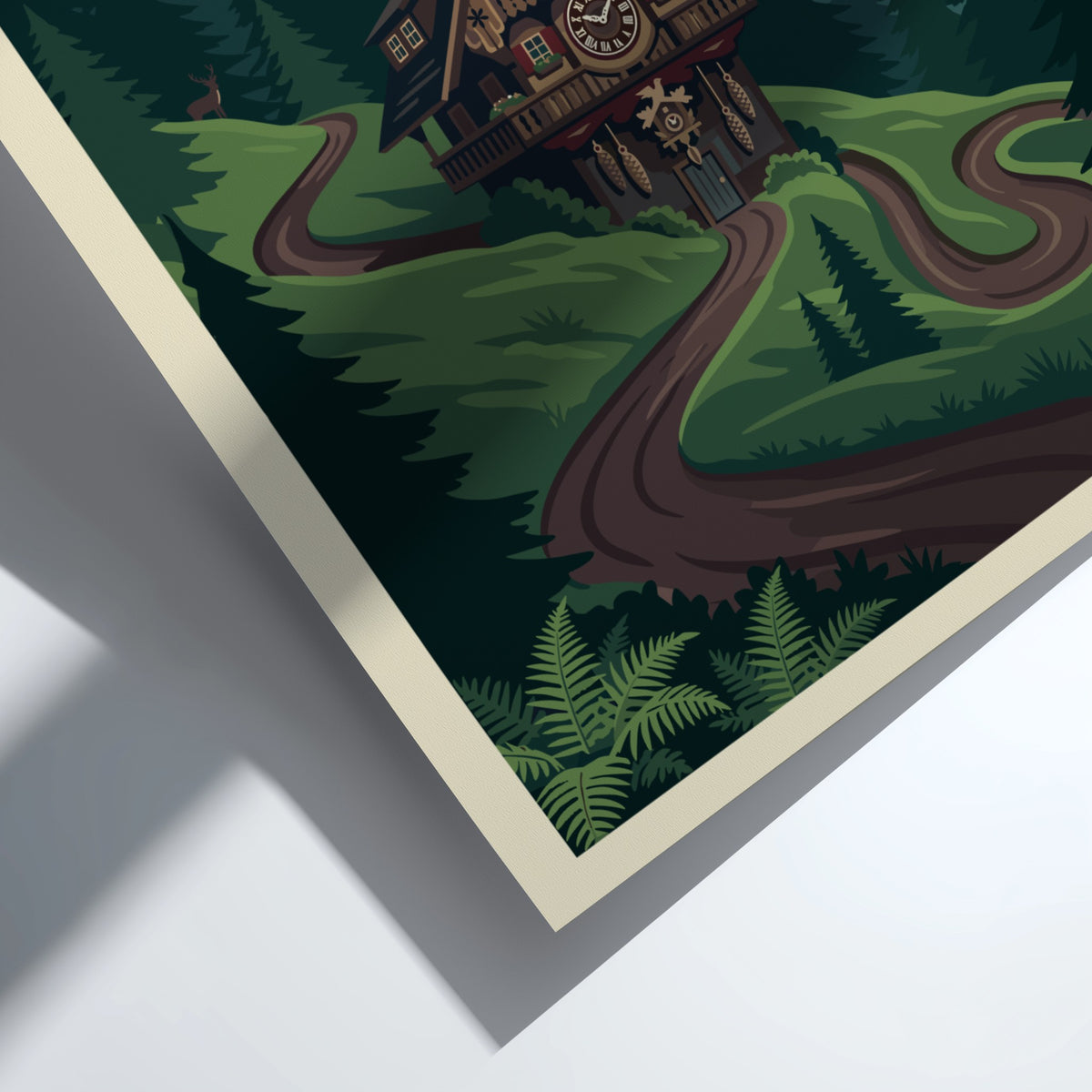 Black Forest Germany travel poster featuring a cuckoo clock house on a winding path.