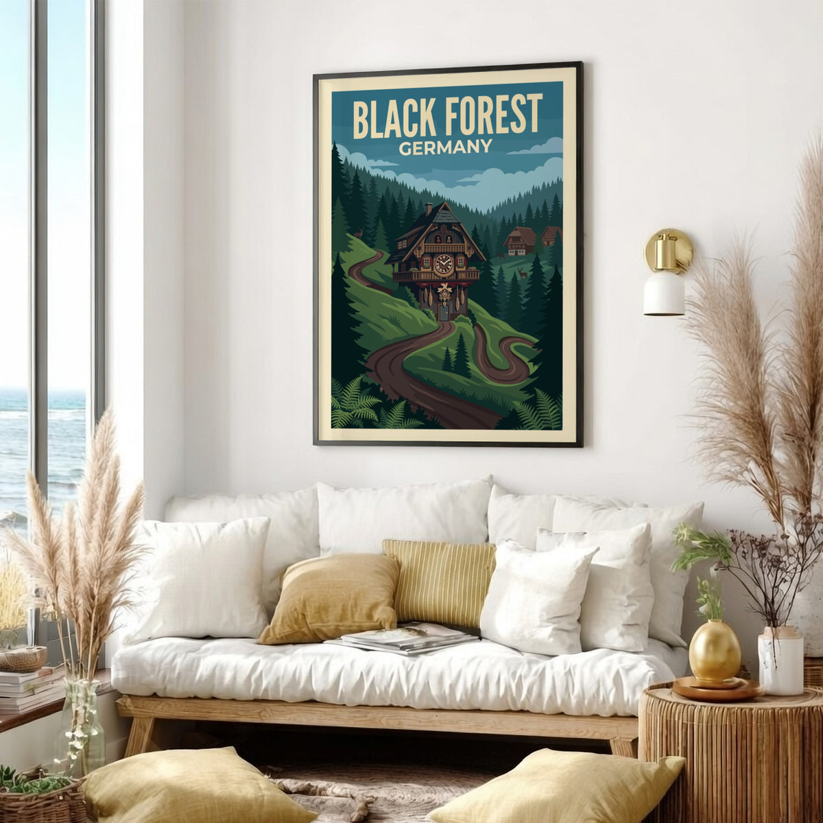 Black Forest Germany travel poster featuring a cuckoo clock house on a winding path.