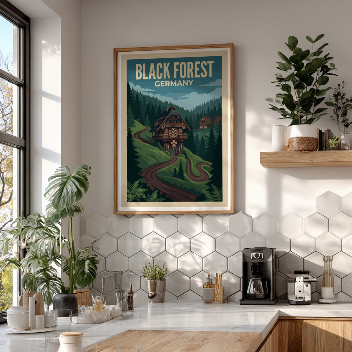 Black Forest Germany travel poster featuring a cuckoo clock house on a winding path.